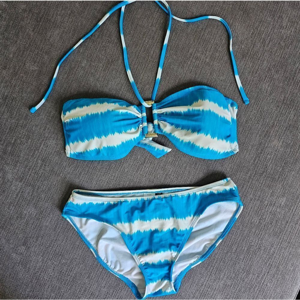 Ralph Lauren Women's Aqua Teal Bandeau Tye Dye Stripe Bikini Swimsuit Size 6